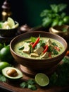 Thai green curry with chicken, canned coconut milk, fresh herbs, and lime