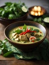 Thai green curry with chicken, canned coconut milk, fresh herbs, and lime