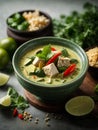 Thai green curry with chicken, canned coconut milk, fresh herbs, and lime