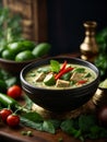 Thai green curry with chicken, canned coconut milk, fresh herbs, and lime