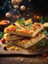 Italian Focaccia, flat leavened oven baked Italian bread in studio background