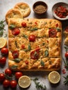 Italian Focaccia, flat leavened oven baked Italian bread in studio background