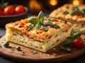 Italian Focaccia, flat leavened oven baked Italian bread in studio background