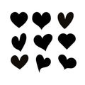 Set of nine hand drawn heart. Handdrawn rough marker hearts isolated on white background.