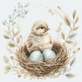 a small chick sits in a nest