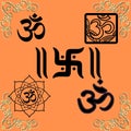 Digital artwork showcasing the Hindu symbols of AUM and Swastika on a saffron coloured background Royalty Free Stock Photo