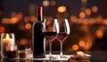 Bottle and 2 glasses of red wine on the night life view background