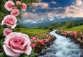 Waterfall from the Mountains with Flowers & Green fields.