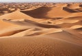 Panorama of sand dunes Sahara Desert at sunset. Endless dunes of yellow sand. Royalty Free Stock Photo