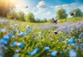 Beautiful summer or spring meadow with blue flowers of forget-me-nots and flying butterflies. Wild nature landscape