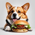 Cute dog corgi with a juicy burger.