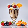 Fruit ice cream in a stacked glass poured with chocolate and caramel Royalty Free Stock Photo