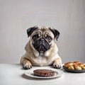 Cute pug dog and juicy steak