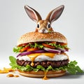 Rabbit biting a big juicy burger