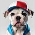 Cute white bulldog puppy in a baseball cap Royalty Free Stock Photo