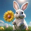 A cute gray Easter bunny holds a yellow flower