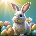 A cute gray Easter bunny sits next to a multi-colored Easter egg Royalty Free Stock Photo