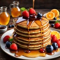 Pancakes with berries and maple syrup on a white plate on a wooden table Royalty Free Stock Photo