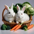 Two cute white rabbits are sitting in a wicker basket Royalty Free Stock Photo