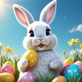 A cute gray rabbit sits on the grass next to Easter eggs