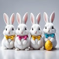 Four cute white Easter bunnies with cute bows on their necks