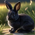 Cute black rabbit sits among the grass