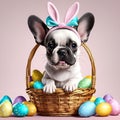 French bulldog puppy with bunny ears in a wicker basket Royalty Free Stock Photo