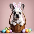A cute French bulldog puppy sits in a wicker basket Royalty Free Stock Photo