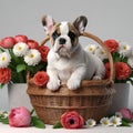 Cute little French bulldog sits in a wicker basket Royalty Free Stock Photo