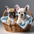 Two cute French bulldog puppies in a wicker basket Royalty Free Stock Photo