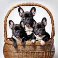 French bulldog puppies in a wicker baske.