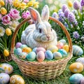 A cute gray rabbit sits in a wicker basket .