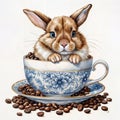 Illustration rabbit sits in a blue coffee cup