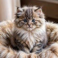 Cute fluffy beige kitten sitting on bedding