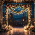 Wedding decor of the room, an arch of fresh flowers . Royalty Free Stock Photo