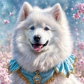 Cute white Samoyed puppy in a blue suit.