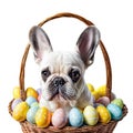 French bulldog puppy sitting in a white wicker basket. Royalty Free Stock Photo