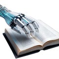 A robotic metal hand reaches out to an open book