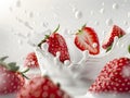 white Fresh milk splashing with flying fresh strawberries Royalty Free Stock Photo