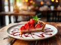 Strawberry cheese tart in triangle shape with red Sause