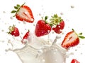 white Fresh milk splashing with flying fresh strawberries Royalty Free Stock Photo