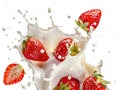 white Fresh milk splashing with flying fresh strawberries Royalty Free Stock Photo