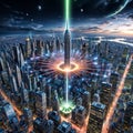 Fantastic worlds fantastic glowing city. Royalty Free Stock Photo