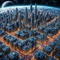 Fantastic worlds, fantastic glowing night city. Royalty Free Stock Photo