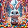 Rabbit sits in a hole made of candies