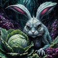 A scary gray rabbit sits in fresh cabbage