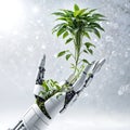 White metal robot arm from which a young green plant grows Royalty Free Stock Photo