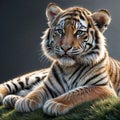 Cute beautiful striped tiger cub lies on green grass