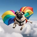 Cute pug letin dog on blue sky with clouds.