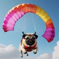 Cute pug letin dog on a bright colored parachute